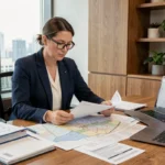 Professionnelle de l'immobilier analysant des documents fonciers et des plans cadastraux sur un bureau en chêne dans un bureau moderne