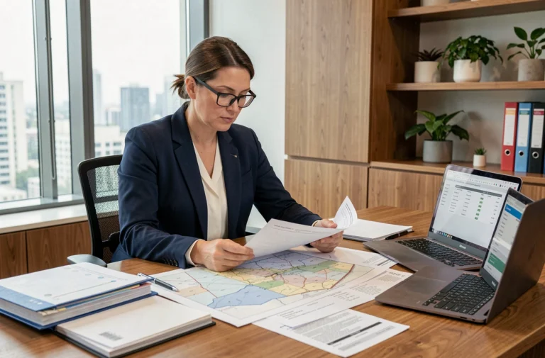 Professionnelle de l'immobilier analysant des documents fonciers et des plans cadastraux sur un bureau en chêne dans un bureau moderne