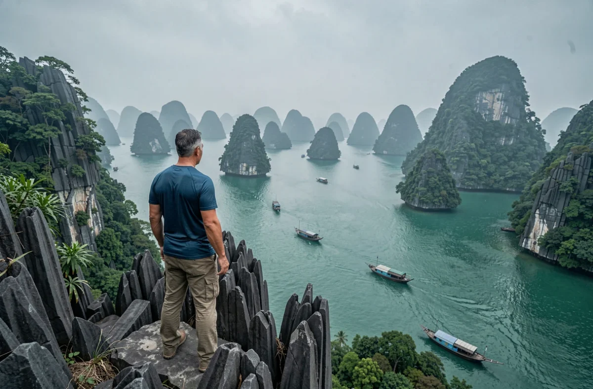 Randonneur contemplant les formations karstiques spectaculaires de la Baie d'Along au Vietnam
