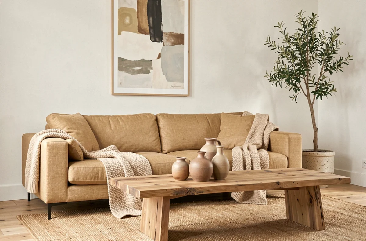 Salon scandinave moderne avec canapé en lin, vases en céramique et table basse en chêne brut pour les tendances déco actuelles