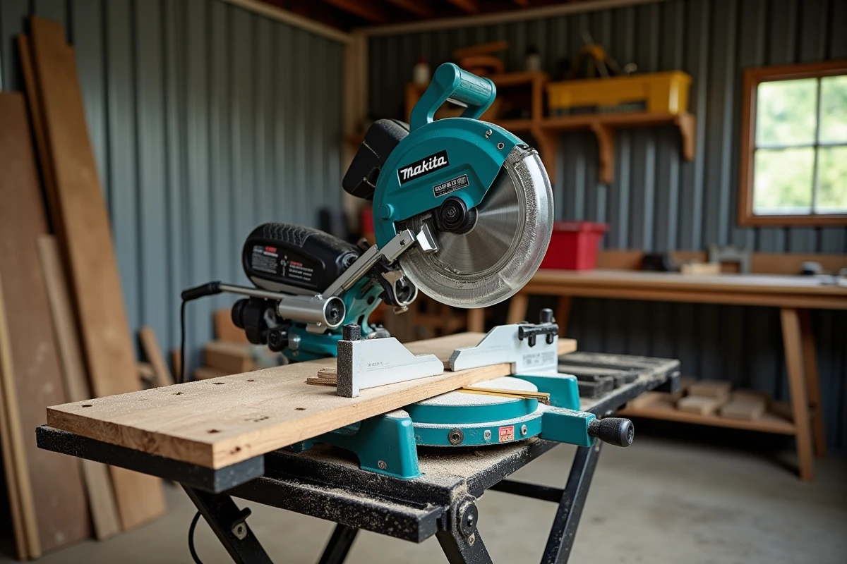 Scie radiale Makita LS1018L installée sur un établi pliant dans un atelier semi-ouvert avec une planche de chêne découpée