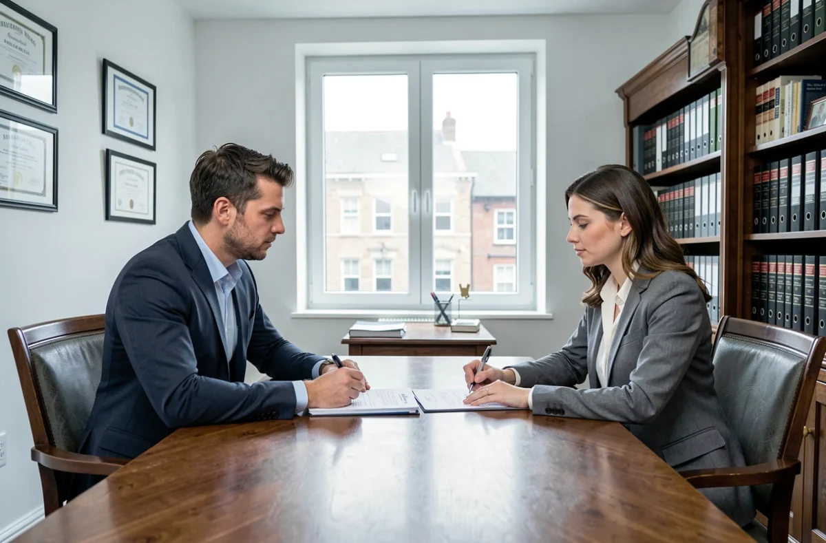 Couple signant un acte de vente foncier chez un notaire dans un bureau juridique professionnel
