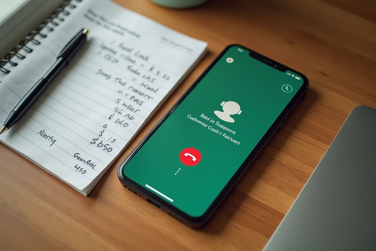 Smartphone affichant un appel au service client Uber Eats avec numéro noté sur un carnet