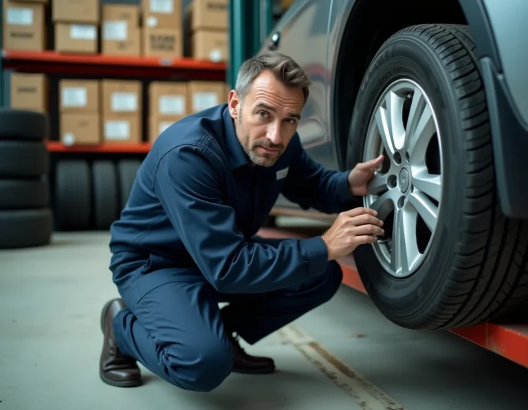 Technicien automobile inspectant un pneu dans un atelier de montage, illustrant l'expertise et la fiabilité des services 365 pneus