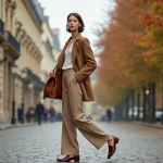 Femme élégante en blazer camel et pantalon large marchant dans une rue pavée parisienne, tendances mode automne