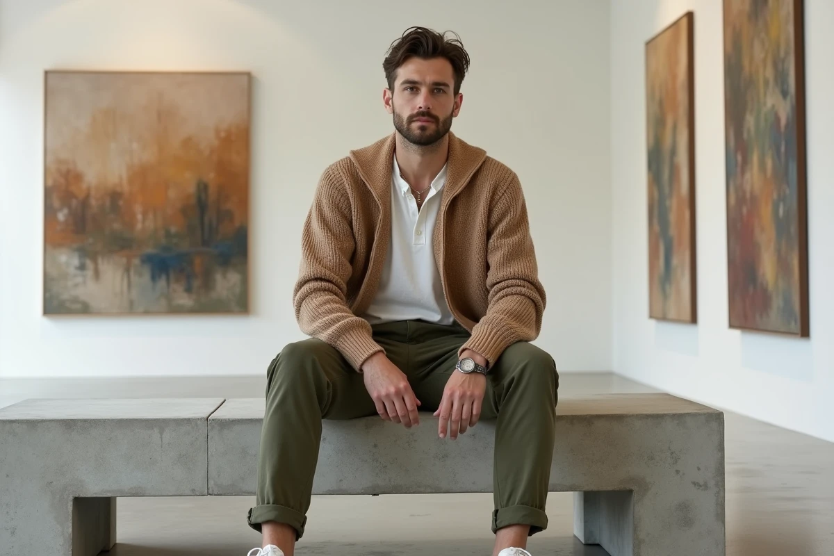 Homme en pull en maille terracotta et cargo olive assis dans une galerie d'art contemporaine, style mode urbain tendance