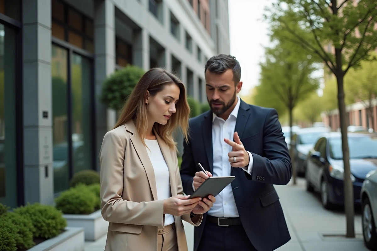 Une femme et un agent immobilier discutent devant un immeuble d'appartements moderne en consultant une tablette affichant des données de propriété