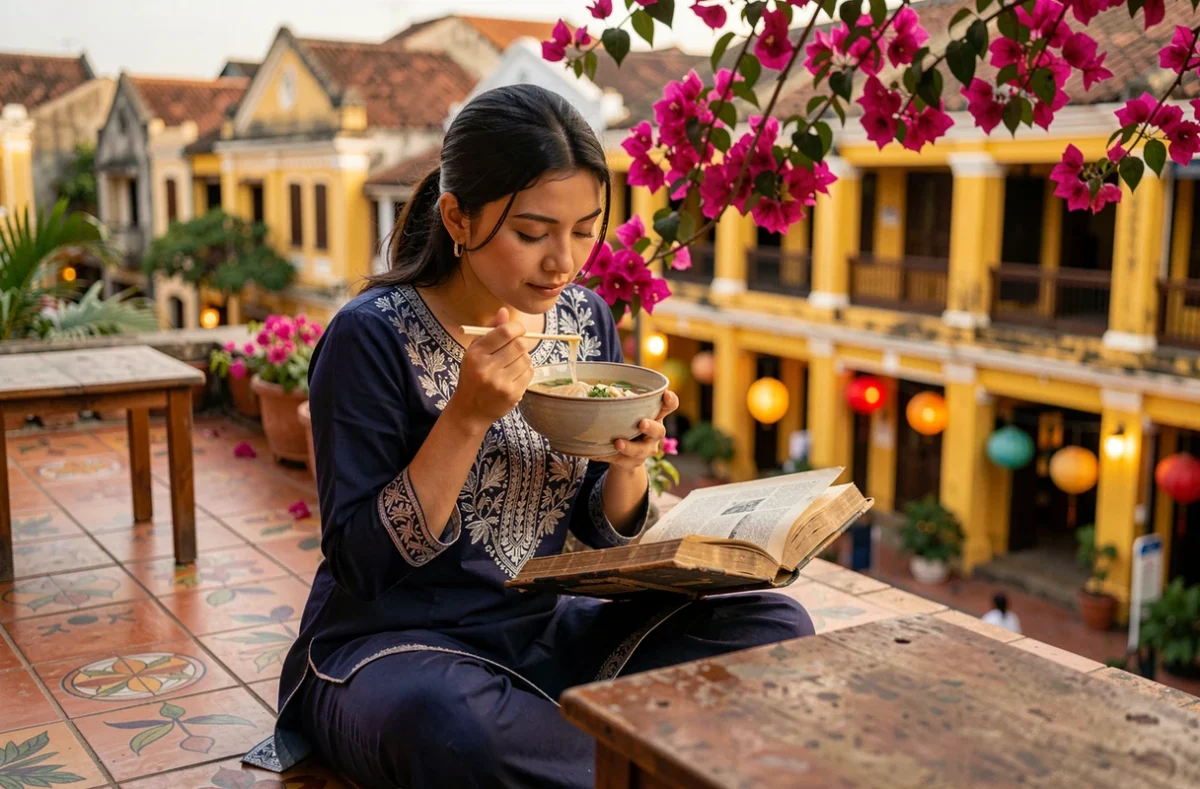 Femme voyageuse dégustant un pho dans un café en terrasse de Hoi An parmi les lanternes colorées du Vietnam