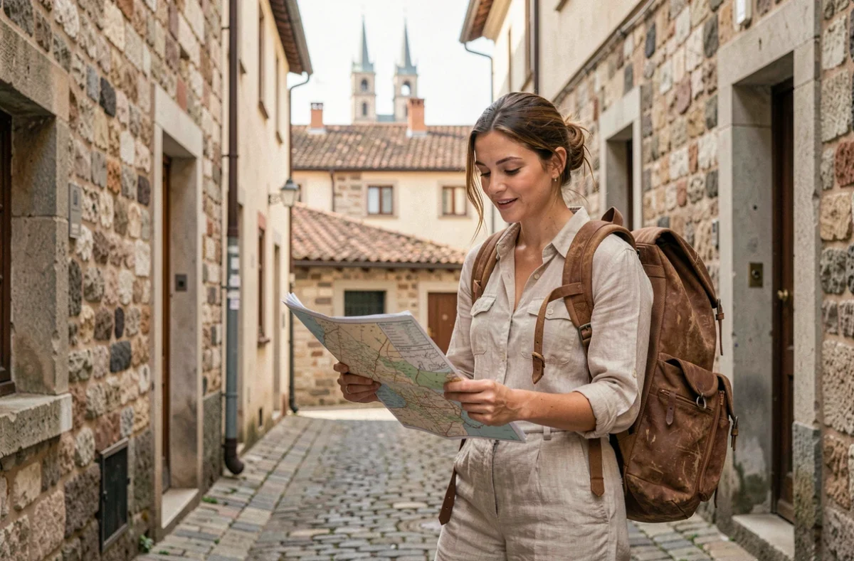 Voyageuse consultant une carte dans une ruelle pavée d'une vieille ville européenne avec sac à dos en cuir