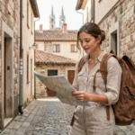 Voyageuse consultant une carte dans une ruelle pavée d'une vieille ville européenne avec sac à dos en cuir