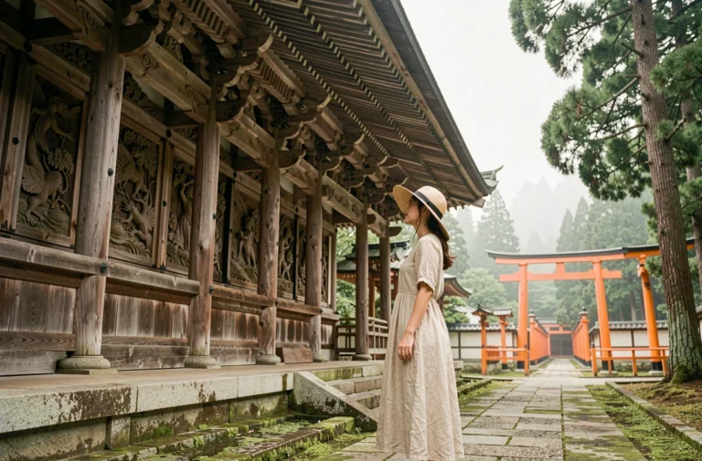 Voyageuse devant un temple bouddhiste de Kyoto entouré de torii vermillons et de cèdres centenaires au Japon